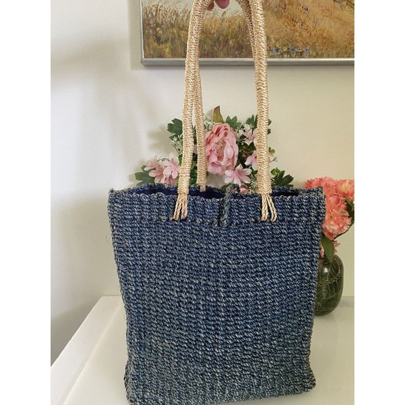 Kenneth Cole Reaction Powder Blue Abaca Straw Logo Shoulder Handbag Vintage EUC - Picture 14 of 16